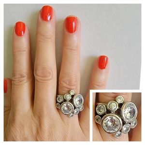 Sparkly Sliver Tone Ring with Various Size Clear Stones x10, Size 7